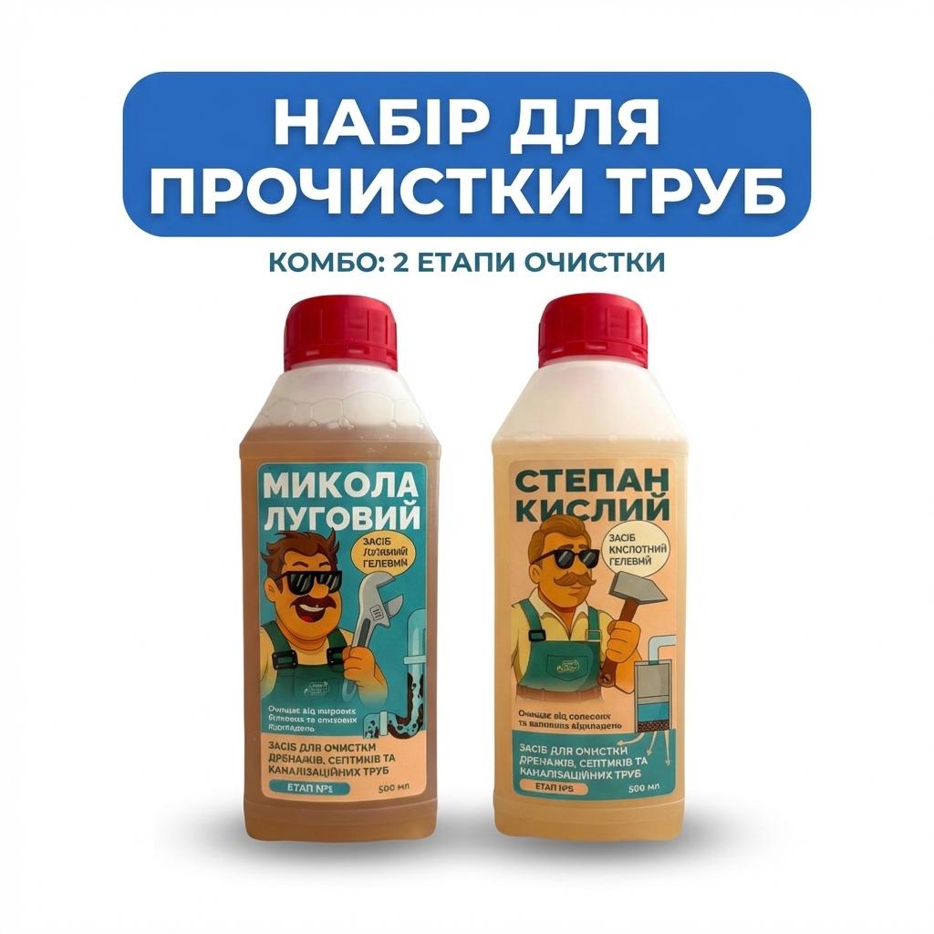 Набір для прочищення труб Микола Луговий + Степан Кислий (500+500 мл) – Гель від жиру, каменю, нальоту.